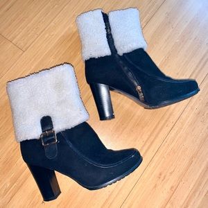 Ankle winter booties black suede with white fur trim. Brand new. Worn at tvshows